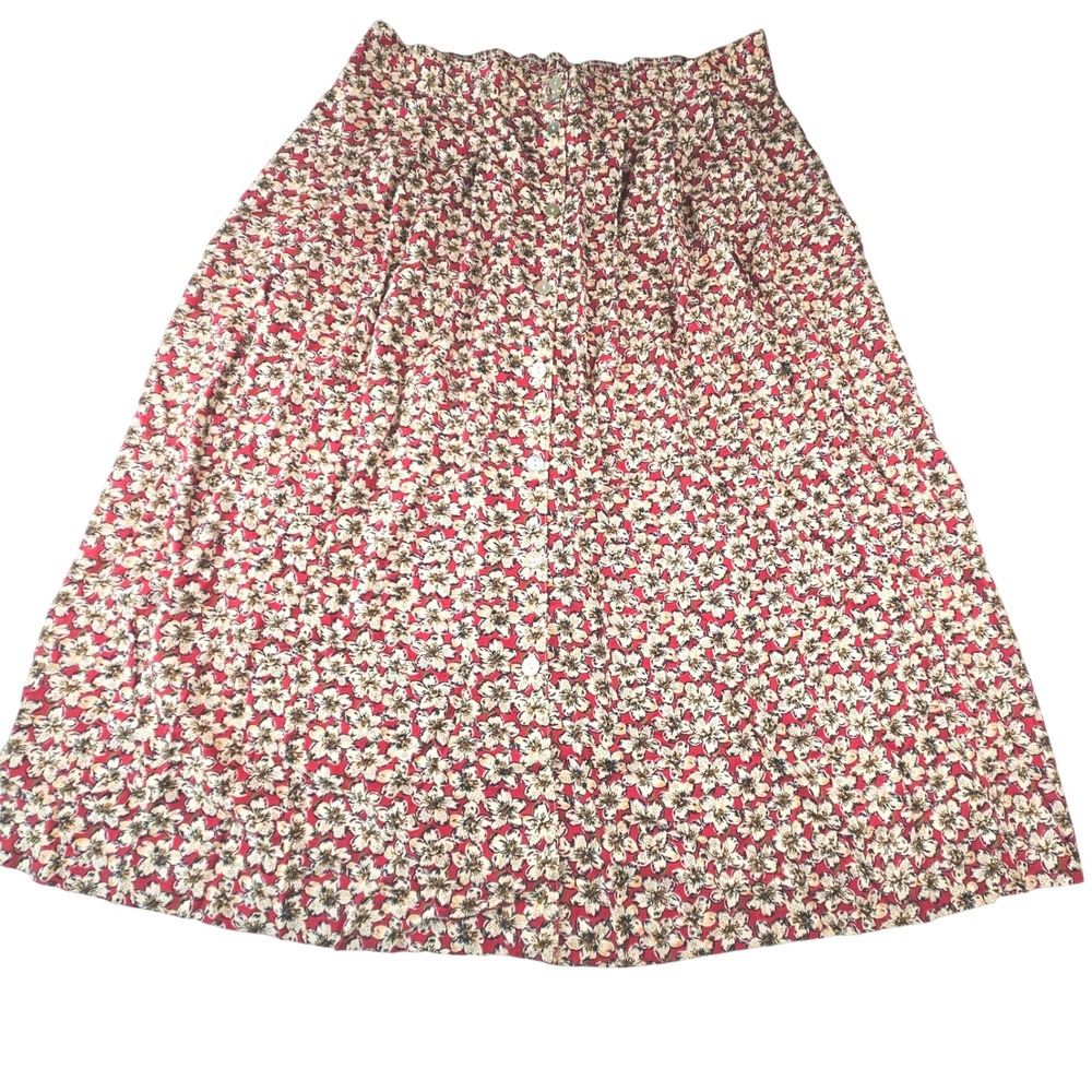 Kathie Lee Vintage Floral Midi Skirt sz 16L Red Button Front Rayon USA 6X6A998